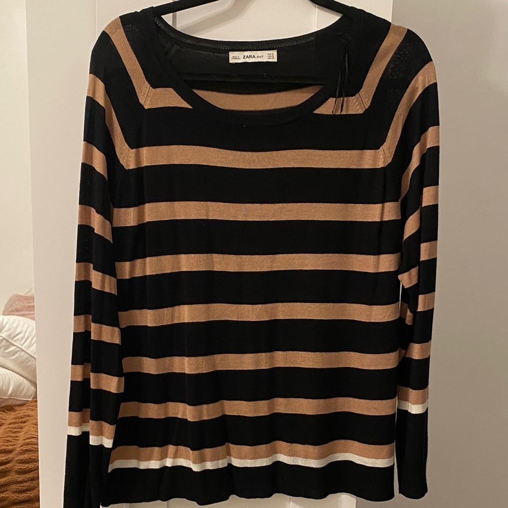 Zara Black and Tan Striped Long Sleeve Top